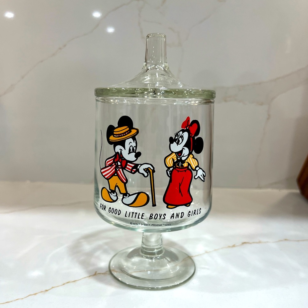Vintage Mickey Mouse and Minnie Mouse Glass Candy Jar